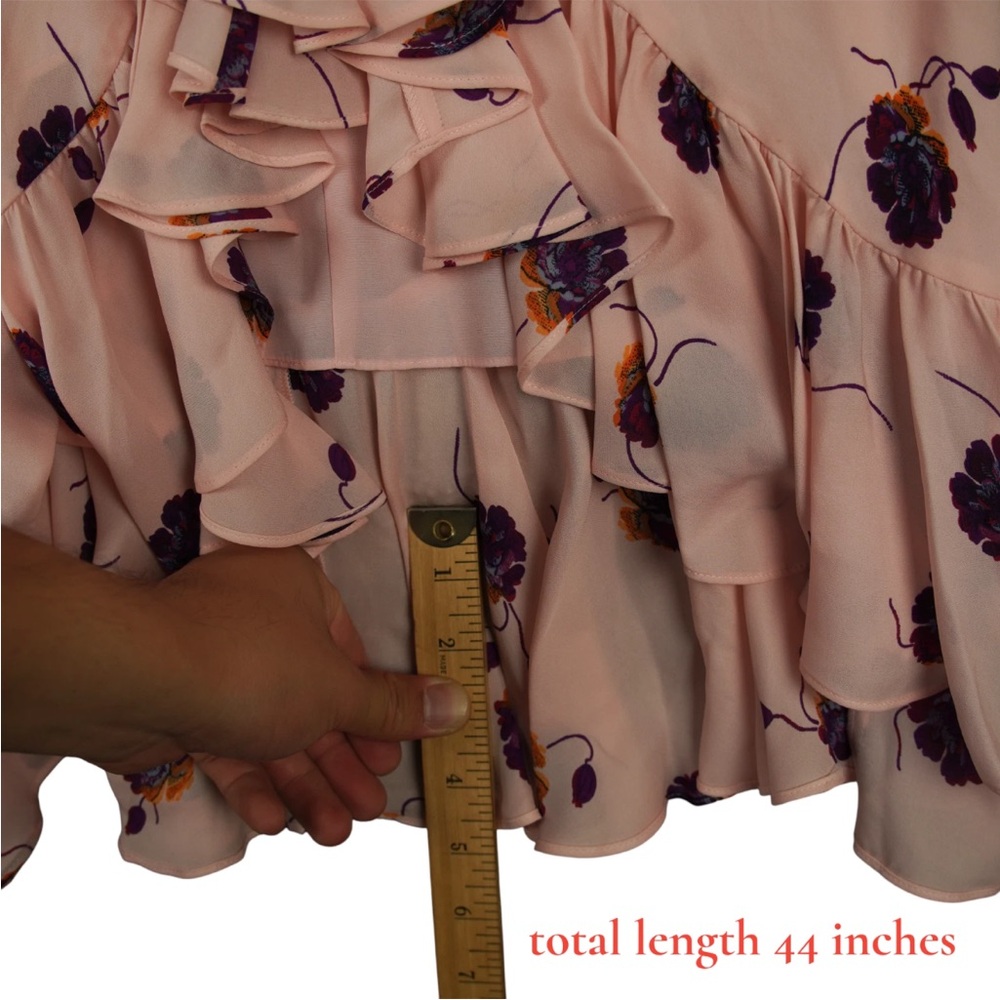 Cinq a Sept Midi Dress Blush Pink Floral Print Ruffle Trim Sz 4 Silk Bow Tie - Picture 15 of 15
